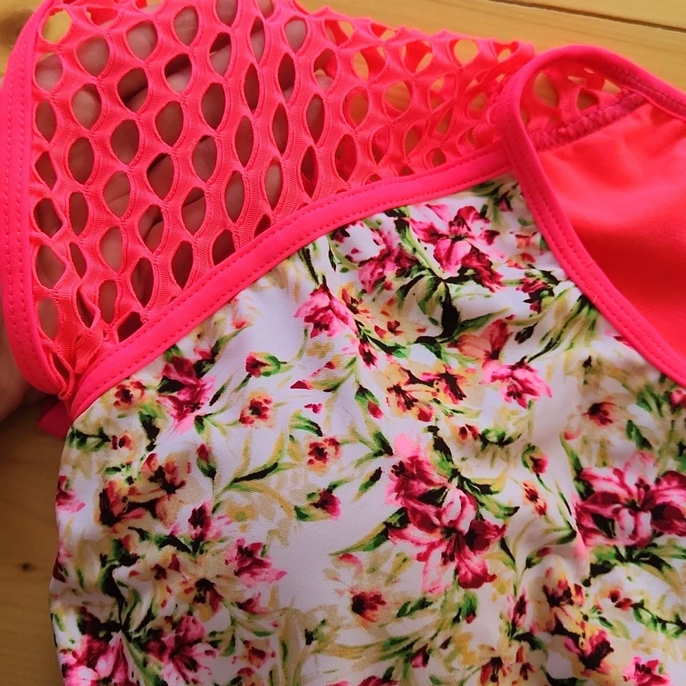 TINIBIKINI Swimwear 2 Pc Swimsuit Crop Top And Bottom Neon Floral M - Picture 8 of 12